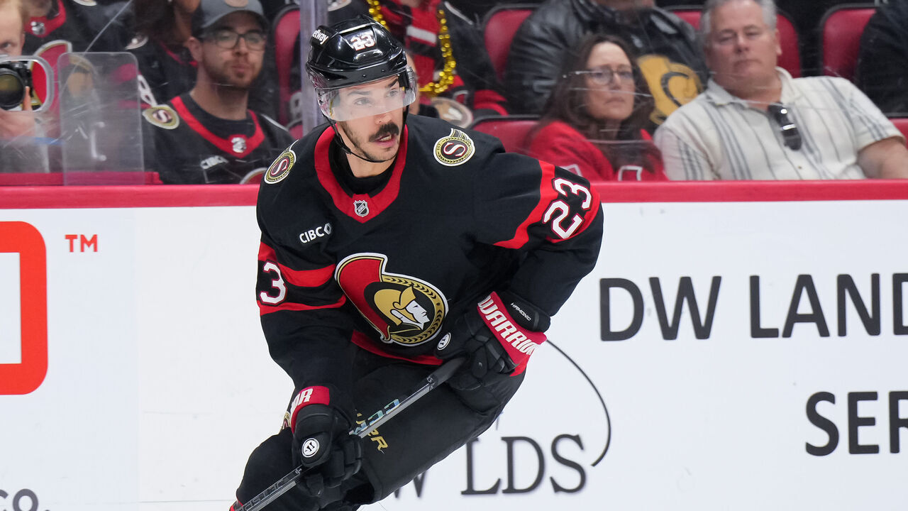 OTTAWA, CANADA - APRIL 17: Travis Hamonic #23 of the Ottawa Senators skates against the Carolina Hurricanes at Canadian Tire Centre on April 17, 2025 in Ottawa, Ontario, Canada.
