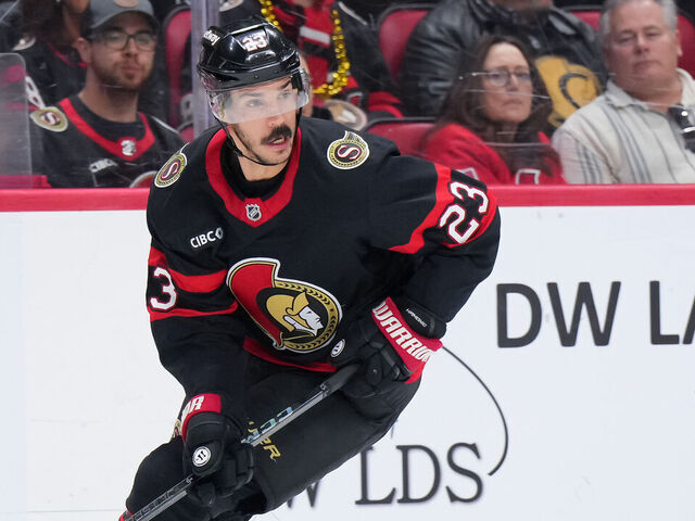 OTTAWA, CANADA - APRIL 17: Travis Hamonic #23 of the Ottawa Senators skates against the Carolina Hurricanes at Canadian Tire Centre on April 17, 2025 in Ottawa, Ontario, Canada.