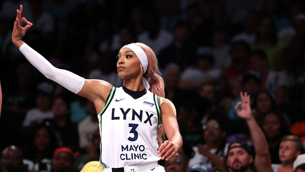 NEW YORK, NEW YORK - AUGUST 10: DiJonai Carrington #3 of the Minnesota Lynx reacts during the game against the New York Liberty at Barclays Center on August 10, 2025 in the Brooklyn borough of New York City.