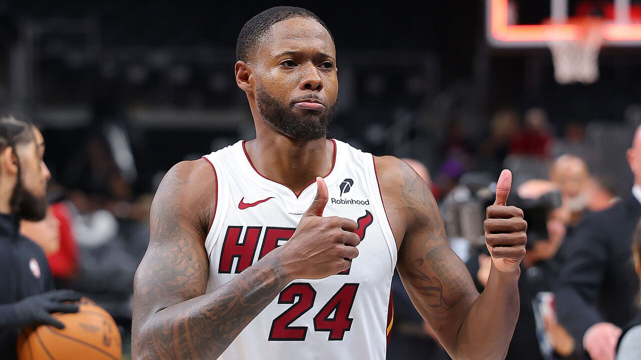 ATLANTA, GEORGIA - APRIL 18: Haywood Highsmith #24 of the Miami Heat reacts after their 123-114 win over the Atlanta Hawks in overtime during an NBA play-in tournament game on April 18, 2025 in Atlanta, Georgia.