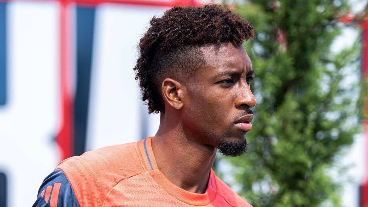 MUNICH, GERMANY - AUGUST 05: Kingsley Coman of FC Bayern Muenchen during a training session at on August 05, 2025 in Munich, Germany.