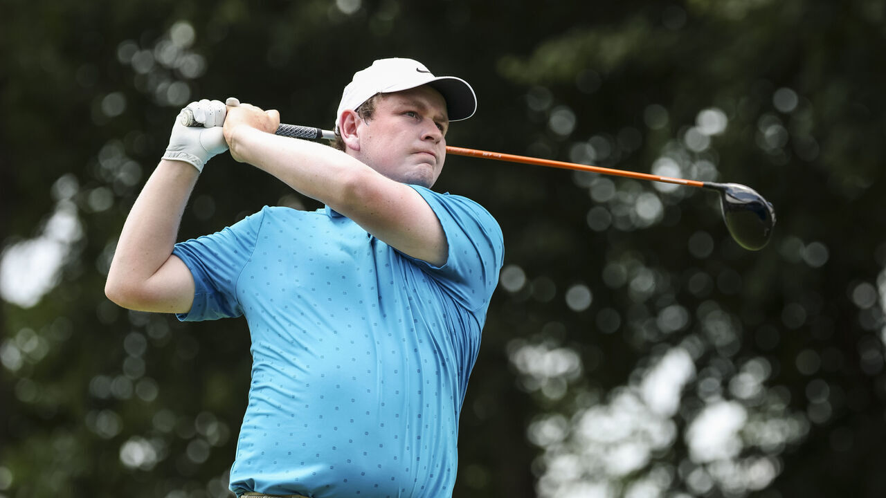OWINGS MILLS, MARYLAND - AUGUST 15: Robert MacIntyre of Scotland plays a shot from the 15th tee during the second round of the BMW Championship at Caves Valley Golf Club on August 15, 2025 in Owings Mills, Maryland.