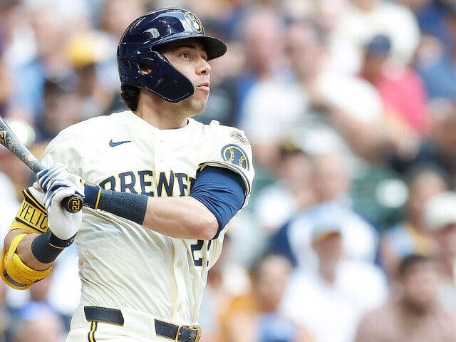MILWAUKEE, WISCONSIN - AUGUST 13: Christian Yelich #22 of the Milwaukee Brewers bats during the game against the Pittsburgh Pirates at American Family Field on August 13, 2025 in Milwaukee, Wisconsin.