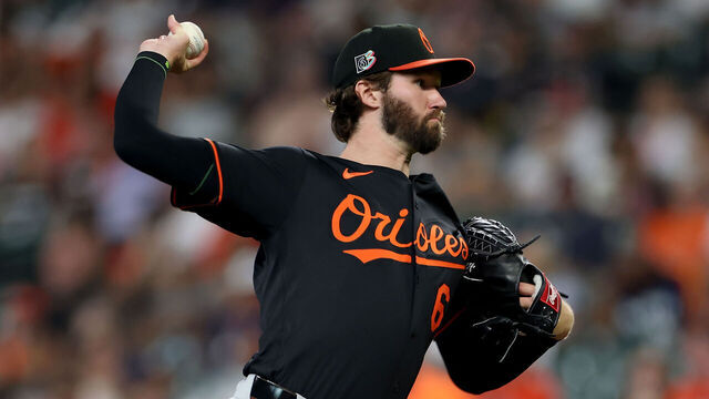 HOUSTON, TEXAS - AUGUST 15: Brandon Young #63 of the Baltimore Orioles pitches in the first inning against the Houston Astros at Daikin Park on August 15, 2025 in Houston, Texas.