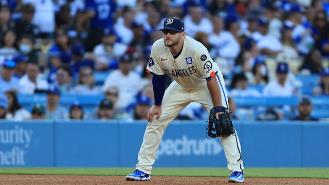 LOS ANGELES, CA - AUGUST 09: Los Angeles Dodgers third baseman Max Muncy (13) stands ready to field a ball during a game between the Los Angeles Dodgers and the Toronto Blue Jays on August 9, 2025 at Dodger Stadium in Los Angeles, CA.