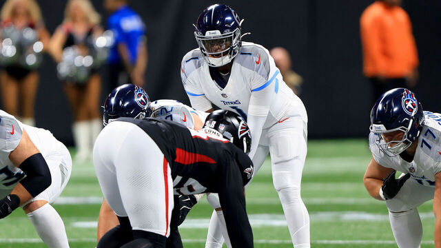 ATLANTA, GA - AUGUST 15: Cameron Ward #1 of the Tennessee Titans barks out the snap count during the Friday evening NFL preseason game between the Atlanta Falcons and the Tennessee Titans on August 15, 2025 at the Mercedes-Benz Stadium in Atlanta, Georgia.