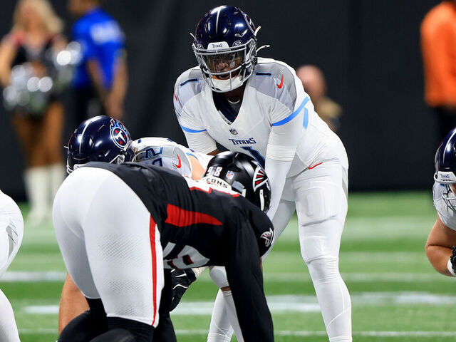 ATLANTA, GA - AUGUST 15: Cameron Ward #1 of the Tennessee Titans barks out the snap count during the Friday evening NFL preseason game between the Atlanta Falcons and the Tennessee Titans on August 15, 2025 at the Mercedes-Benz Stadium in Atlanta, Georgia.