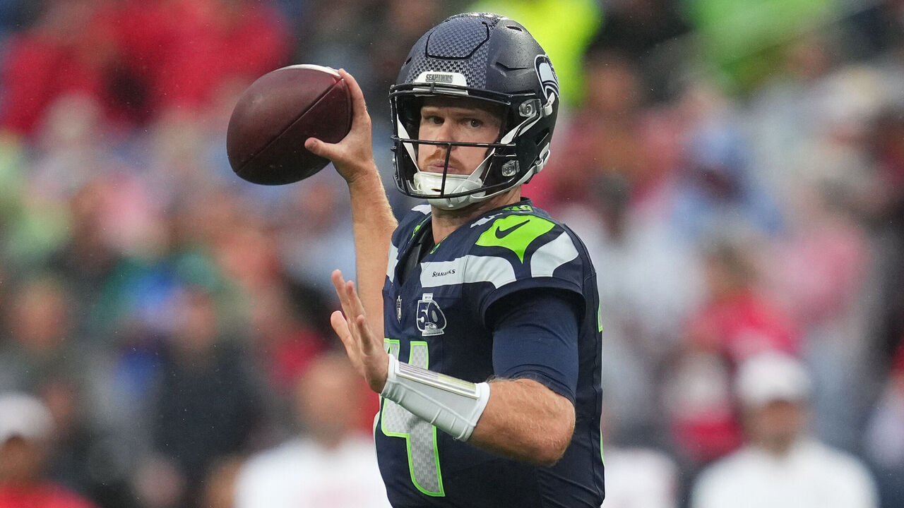 SEATTLE, WASHINGTON - AUGUST 15: Sam Darnold #14 of the Seattle Seahawks throws the ball during the first quarter of the NFL Preseason 2025 game between Kansas City Chiefs and Seattle Seahawks at Lumen Field on August 15, 2025 in Seattle, Washington.