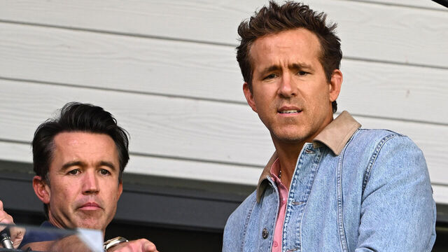Wrexham co-owners Rob McElhenney and Ryan Reynolds in the stands ahead of the Sky Bet Championship match at the SToK Cae Ras, Wrexham. Picture date: Saturday August 16, 2025.