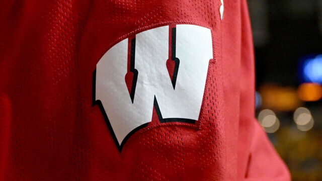 COLLEGE PARK, MARYLAND - JANUARY 29: A view of the Wisconsin Badgers logo on their uniform during the game against the Maryland Terrapins at Xfinity Center on January 29, 2025 in College Park, Maryland.