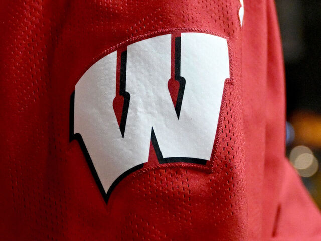 COLLEGE PARK, MARYLAND - JANUARY 29: A view of the Wisconsin Badgers logo on their uniform during the game against the Maryland Terrapins at Xfinity Center on January 29, 2025 in College Park, Maryland.