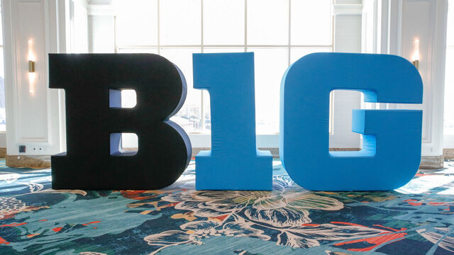 LAS VEGAS, NV - JULY 23: B1G big letters logo during the Big Ten Football Media Days on July 23, 2025, at the Mandalay Bay Convention Center in Las Vegas, Nevada.