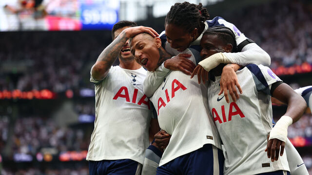 LONDON, ENGLAND - AUGUST 16: Richarlison of Tottenham Hotspur celebrates with team mates after he scored his second goal for 2-0 during the Premier League match between Tottenham Hotspur and Burnley at Tottenham Hotspur Stadium on August 16, 2025 in London, England.