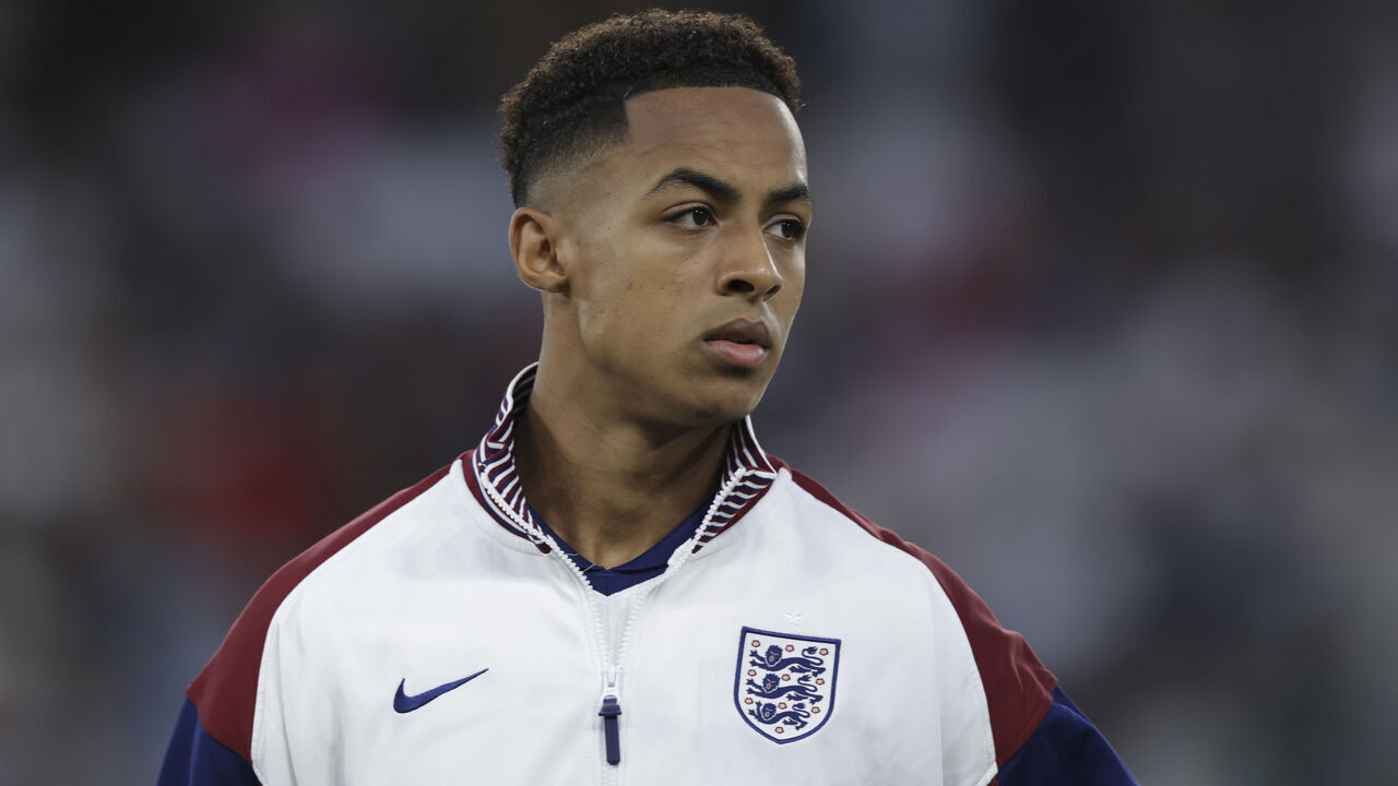 BRATISLAVA, SLOVAKIA - JUNE 28: Omari Hutchinson of England looks on as he lines up on the pitch for the national anthem prior to the UEFA European Under-21 Championship 2025 Final match between England and Germany at National Football stadium on June 28, 2025 in Bratislava, Slovakia.