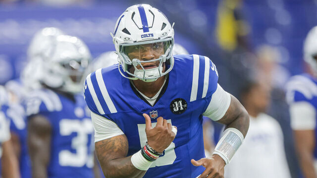 INDIANAPOLIS, INDIANA - AUGUST 16: Anthony Richardson Sr. #5 of the Indianapolis Colts warms up before the NFL Preseason 2025 game between Green Bay Packers and Indianapolis Colts at Lucas Oil Stadium on August 16, 2025 in Indianapolis, Indiana.