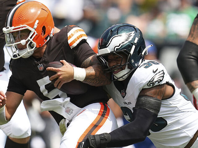 PHILADELPHIA, PENNSYLVANIA - AUGUST 16: Jihaad Campbell #30 of the Philadelphia Eagles sacks Dillon Gabriel #5 of the Cleveland Browns in the first half of the NFL Preseason 2025 game at Lincoln Financial Field on August 16, 2025 in Philadelphia, Pennsylvania.