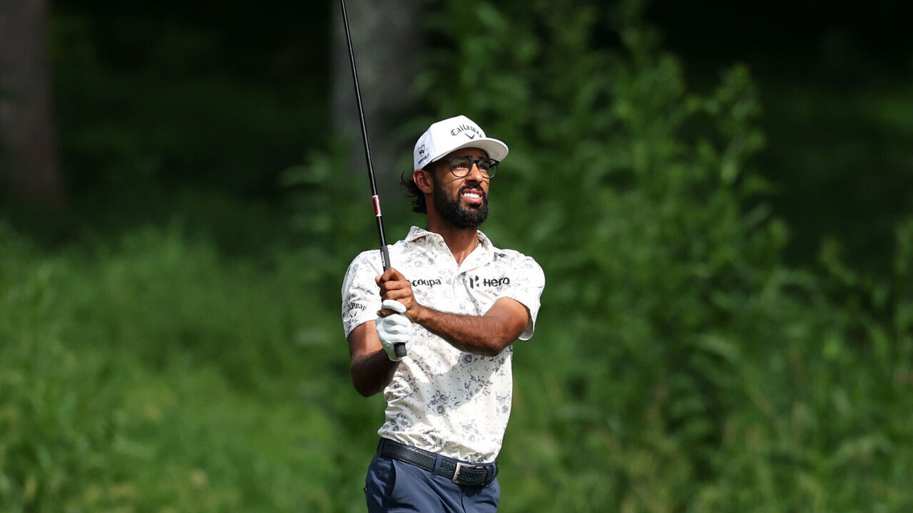 OWINGS MILLS, MARYLAND - AUGUST 14: Akshay Bhatia of the United States plays a second shot on the second hole during the first round of the BMW Championship 2025 at Caves Valley Golf Club on August 14, 2025 in Owings Mills, Maryland.