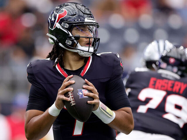HOUSTON, TEXAS - AUGUST 16: C.J. Stroud #7 of the Houston Texans throws a pass during the first quarter in the NFL Preseason 2025 game between Carolina Panthers and Houston Texans at NRG Stadium on August 16, 2025 in Houston, Texas.