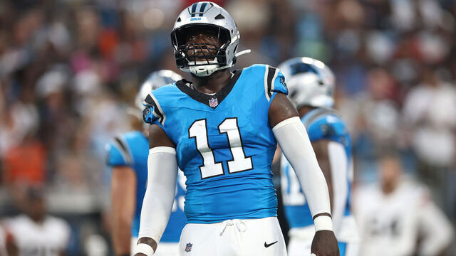 CHARLOTTE, NORTH CAROLINA - AUGUST 08: Linebacker Nic Scourton #11 of the Carolina Panthers looks on in the first half during the NFL Preseason 2025 game against the Cleveland Browns at Bank of America Stadium on August 08, 2025 in Charlotte, North Carolina.