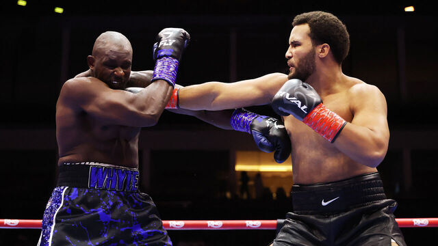 RIYADH, SAUDI ARABIA - AUGUST 16: Moses Itauma punches Dillian Whyte during the WBO Inter-Continental Heavyweight title fight between Moses Itauma and Dillian Whyte on the ESports World Cup fight night at the ANB arena on August 16, 2025 in Riyadh, .
