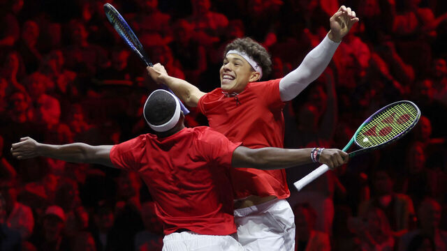 VANCOUVER, BRITISH COLUMBIA - SEPTEMBER 24: Ben Shelton of Team World and Frances Tiafoe of Team World react to match point in their doubles match after defeating Andrey Rublev of Team Europe and Hubert Hurkacz of Team Europe to win the Laver Cup for Team World during day three of the Laver Cup at Rogers Arena on September 24, 2023 in Vancouver, British Columbia.