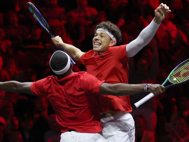 VANCOUVER, BRITISH COLUMBIA - SEPTEMBER 24: Ben Shelton of Team World and Frances Tiafoe of Team World react to match point in their doubles match after defeating Andrey Rublev of Team Europe and Hubert Hurkacz of Team Europe to win the Laver Cup for Team World during day three of the Laver Cup at Rogers Arena on September 24, 2023 in Vancouver, British Columbia.
