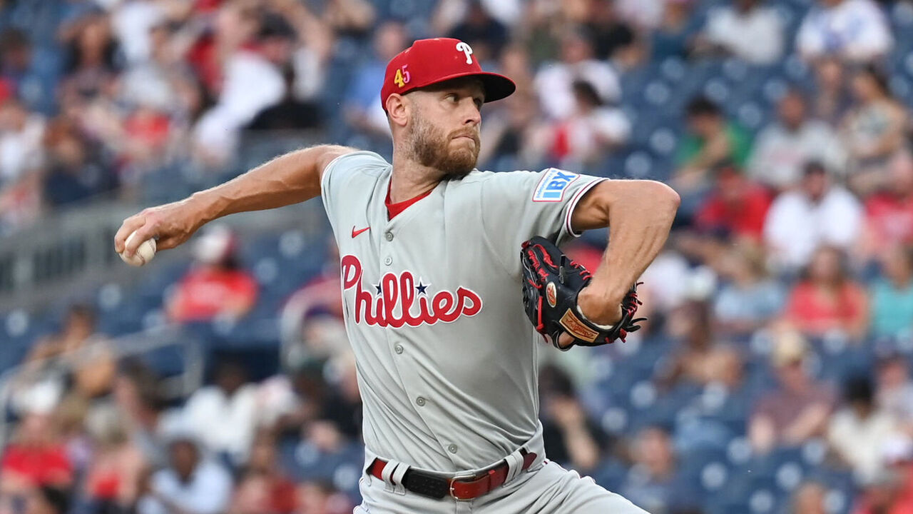 WASHINGTON, DC - AUGUST 15: Zack Wheeler #45 of the Philadelphia Phillies pitches during the game between the Philadelphia Phillies and the Washington Nationals at Nationals Park on Friday, August 15, 2025 in Washington, District of Columbia.