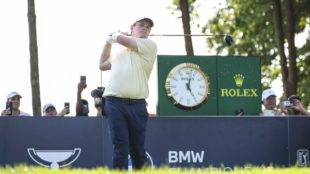 OWINGS MILLS, MARYLAND - AUGUST 16: Robert MacIntyre of Scotland plays a shot from the 15th tee during the third round of the BMW Championship at Caves Valley Golf Club on August 16, 2025 in Owings Mills, Maryland.