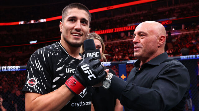 CHICAGO, ILLINOIS - AUGUST 16: Baisangur Susurkaev of Russia reacts after a submission victory against Eric Nolan in a middleweight fight during the UFC 319 event at the United Center on August 16, 2025 in Chicago, Illinois.