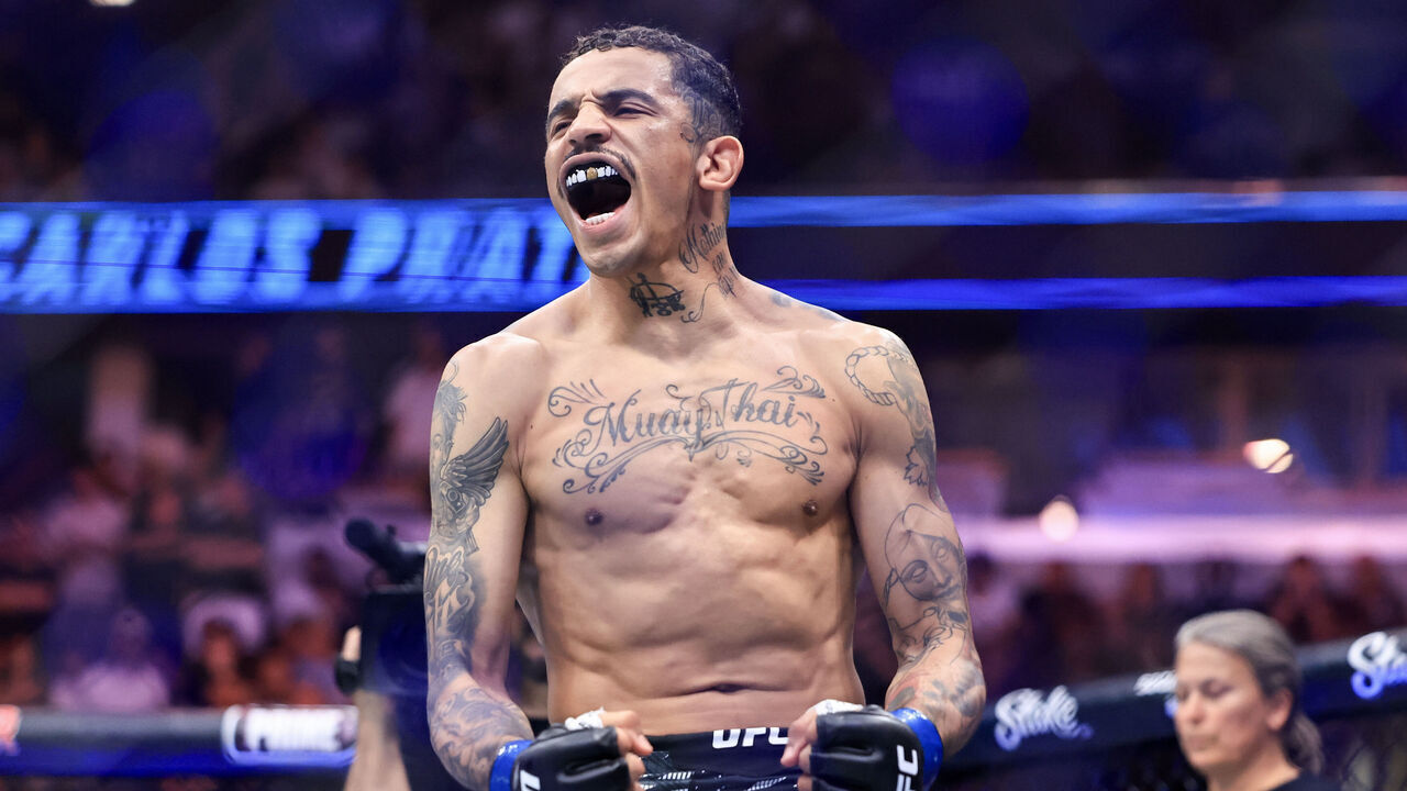 CHICAGO, ILLINOIS - AUGUST 16: Carlos Prates of Brazil yells prior to his welterweight bout in UFC 319 at the United Center on August 16, 2025 in Chicago, Illinois.