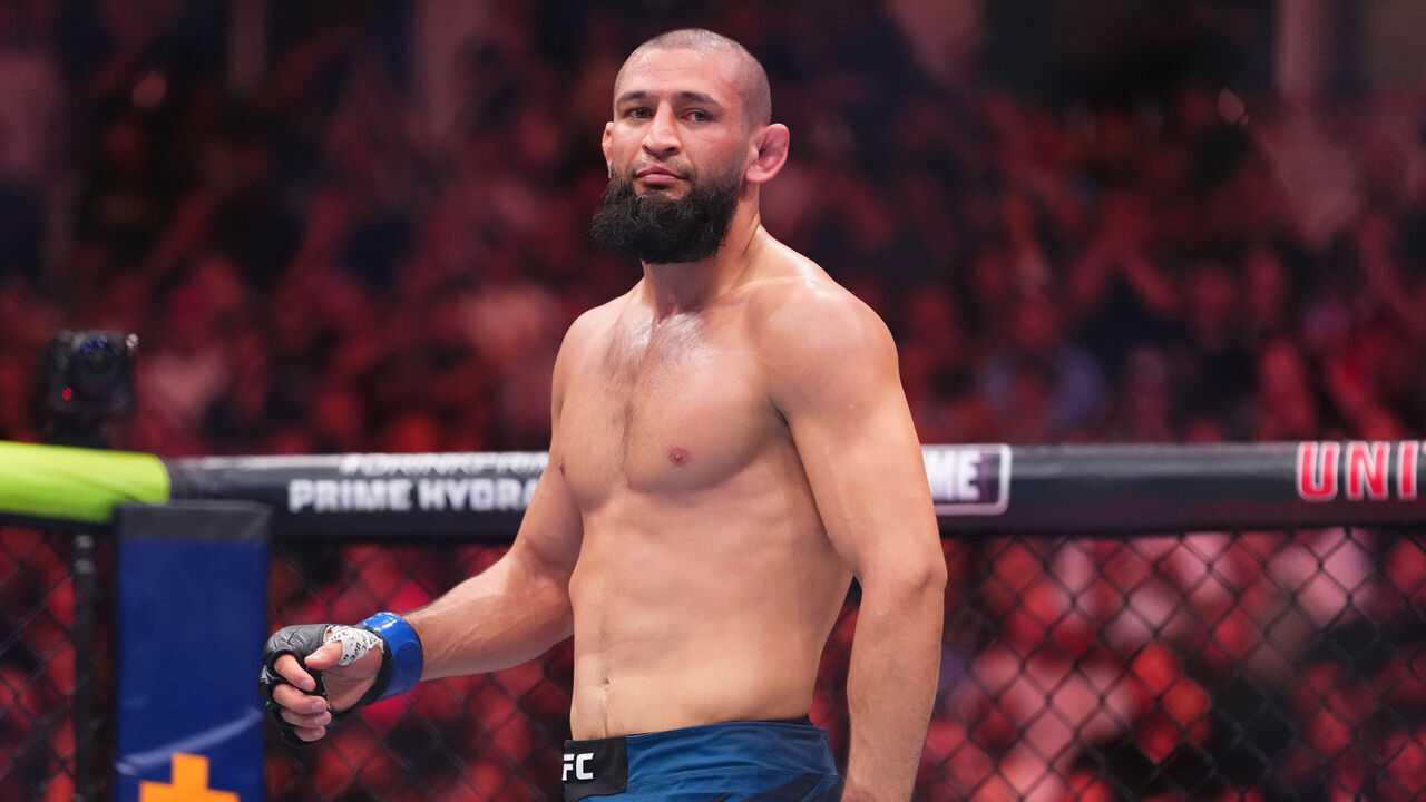 CHICAGO, ILLINOIS - AUGUST 16: Khamzat Chimaev of Russia reacts after round one against Dricus Du Plessis of South Africa in the UFC middleweight championship fight during the UFC 319 event at the United Center on August 16, 2025 in Chicago, Illinois.