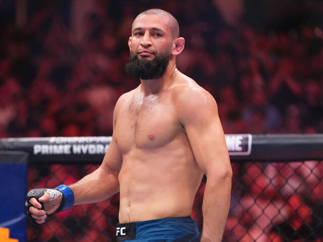 CHICAGO, ILLINOIS - AUGUST 16: Khamzat Chimaev of Russia reacts after round one against Dricus Du Plessis of South Africa in the UFC middleweight championship fight during the UFC 319 event at the United Center on August 16, 2025 in Chicago, Illinois.