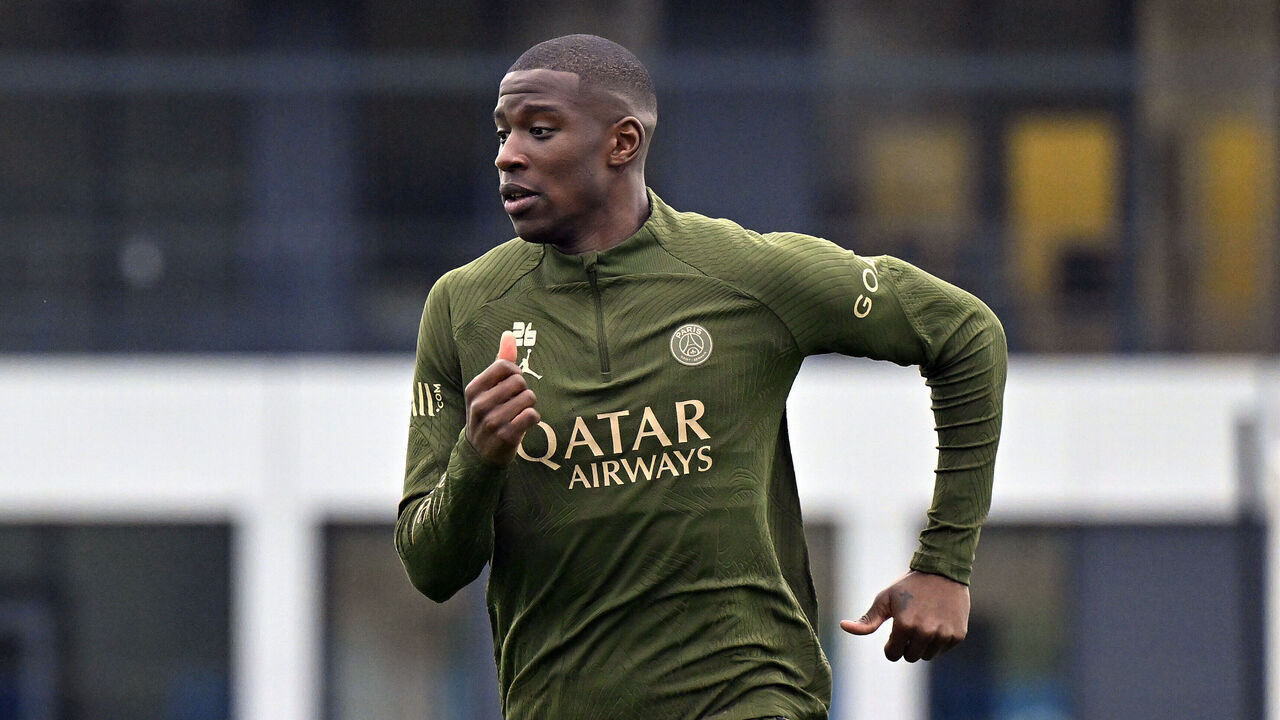 PARIS, FRANCE - MARCH 29: Nordi Mukiele warms up during a Paris Saint-Germain training session at Campus PSG on March 29, 2024 in Paris, France.