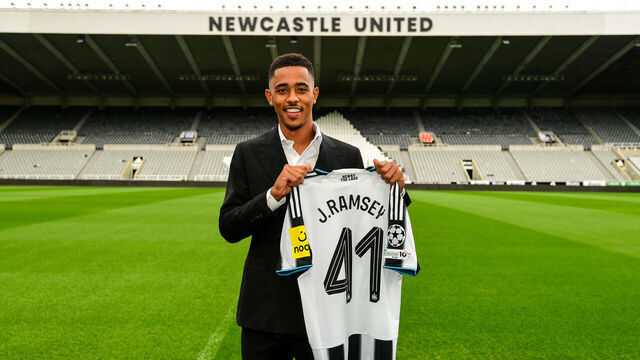 NEWCASTLE UPON TYNE, ENGLAND - AUGUST 17: In this image released on August 17, 2025, Jacob Ramsey poses for photographs after signing for Newcastle United at St. James Park in Newcastle upon Tyne, England.
