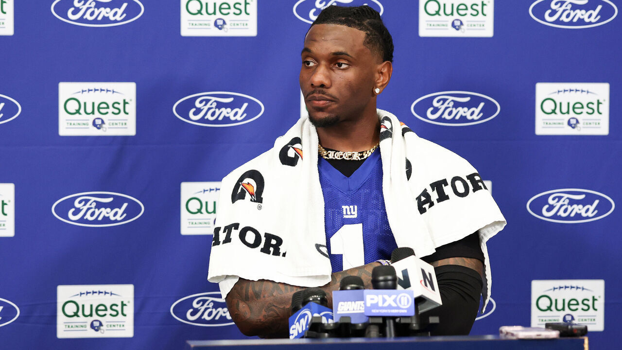 EAST RUTHERFORD, NEW JERSEY - JULY 23: Malik Nabers #1 of the New York Giants speaks to the press during training camp at Quest Diagnostics Training Center on July 23, 2025 in East Rutherford, New Jersey.