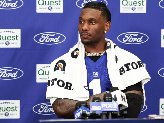EAST RUTHERFORD, NEW JERSEY - JULY 23: Malik Nabers #1 of the New York Giants speaks to the press during training camp at Quest Diagnostics Training Center on July 23, 2025 in East Rutherford, New Jersey.