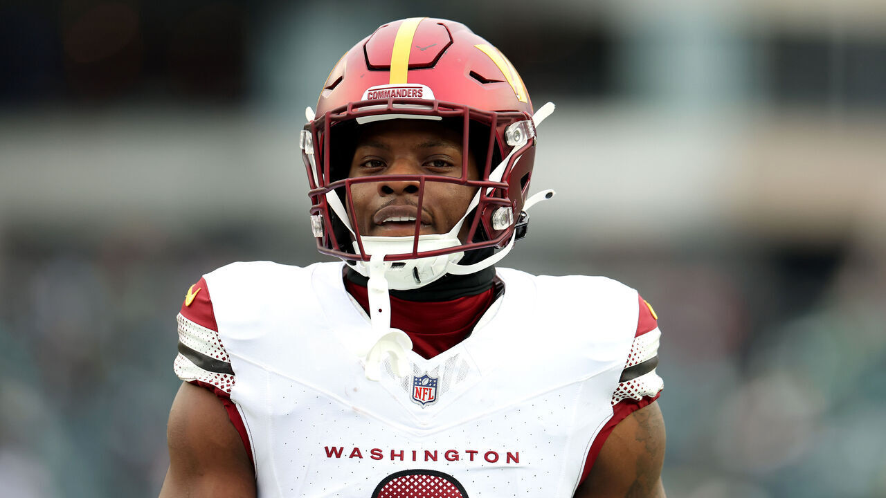 PHILADELPHIA, PENNSYLVANIA - JANUARY 26: Brian Robinson Jr. #8 of the Washington Commanders looks on prior to the NFC Championship Game against the Philadelphia Eagles at Lincoln Financial Field on January 26, 2025 in Philadelphia, Pennsylvania.