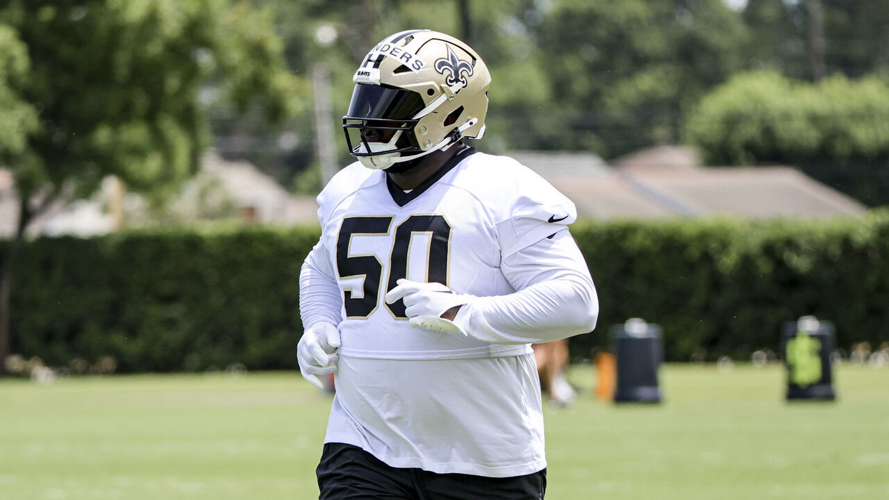 METAIRIE, LOUISIANA - JUNE 11: Khalen Saunders #50 of the New Orleans Saints runs a drill during a mandatory minicamp practice session at the Ochsner Sports Performance Center on June 11, 2025 in Metairie, Louisiana.