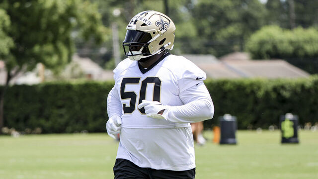 METAIRIE, LOUISIANA - JUNE 11: Khalen Saunders #50 of the New Orleans Saints runs a drill during a mandatory minicamp practice session at the Ochsner Sports Performance Center on June 11, 2025 in Metairie, Louisiana.