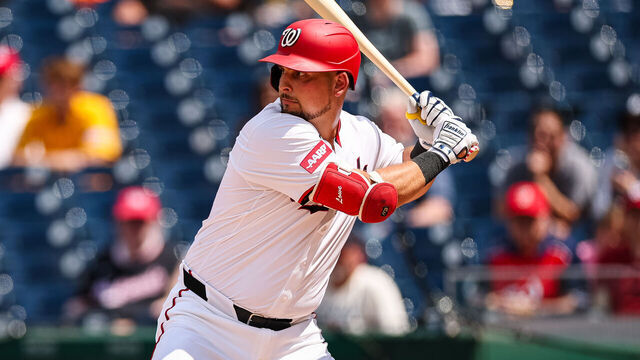 WASHINGTON, DC - JULY 02: Nathaniel Lowe #33 of the Washington Nationals at bat against the Detroit Tigers during the fifth inning of game one of a split doubleheader at Nationals Park on July 2, 2025 in Washington, DC.