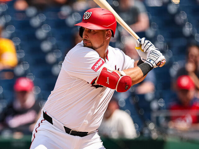 WASHINGTON, DC - JULY 02: Nathaniel Lowe #33 of the Washington Nationals at bat against the Detroit Tigers during the fifth inning of game one of a split doubleheader at Nationals Park on July 2, 2025 in Washington, DC.