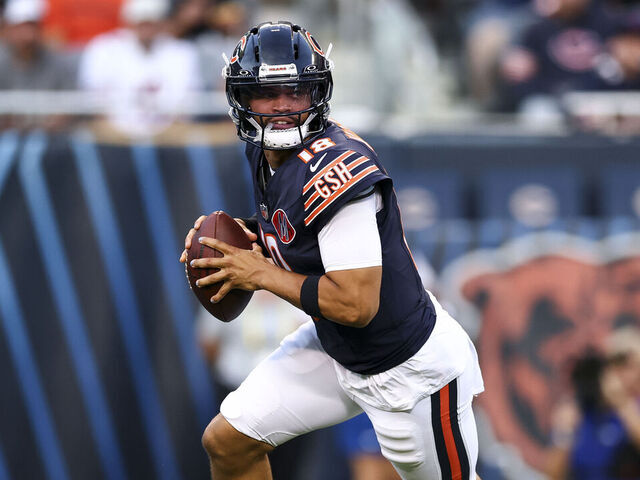 CHICAGO, ILLINOIS - AUGUST 17: Caleb Williams #18 of the Chicago Bears prepares to throw during the first quarter of an NFL Preseason 2025 game against the Buffalo Bills at Soldier Field on August 17, 2025 in Chicago, Illinois.