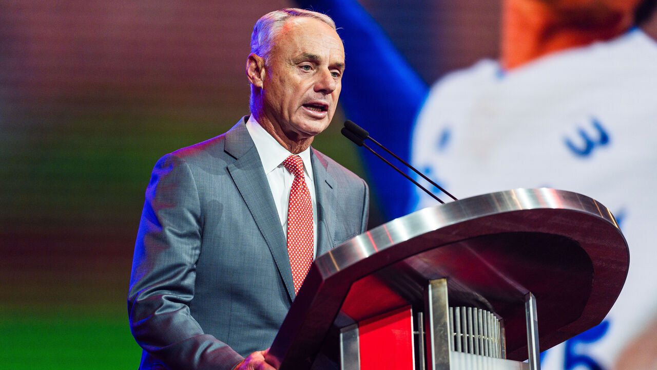 ATLANTA, GA - JULY 13: Rob Manfred speaks during the first round of the 2025 MLB Draft at Coca-Cola Roxy on July 13, 2025 in Atlanta, Georgia.