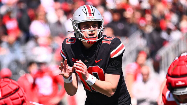 COLUMBUS, OHIO - APRIL 12: Quarterback Julian Sayin #10 of the Ohio State Buckeyes plays during the first half of the Ohio State Spring Game at Ohio Stadium on April 12, 2025 in Columbus, Ohio.