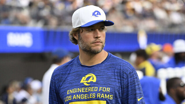 Inglewood, CA - August 09: Quarterback Matthew Stafford #9 of the Los Angeles Rams in the first half of a pre-season NFL football game against the Dallas Cowboys at SoFi Stadium in Inglewood on Saturday, August 9, 2025.