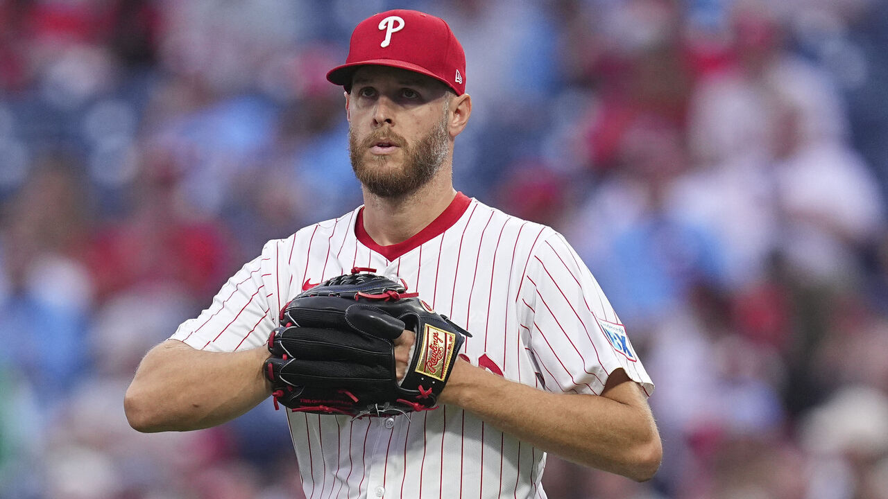 PHILADELPHIA, PENNSYLVANIA - JUNE 9: Zack Wheeler #45 of the Philadelphia Phillies looks on against the Chicago Cubs at Citizens Bank Park on June 9, 2025 in Philadelphia, Pennsylvania. The Phillies defeated the Cubs 4-3 in extra innings.