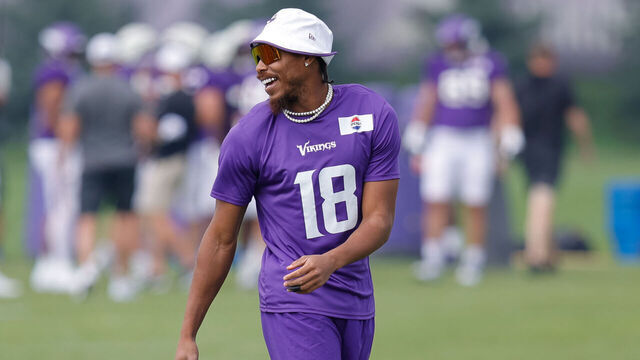 EAGAN, MN - AUGUST 02: Minnesota Vikings wide receiver Justin Jefferson (18) looks on during Minnesota Vikings Training Camp at TCO Performance Center on August 2, 2025 in Eagan, Minnesota.