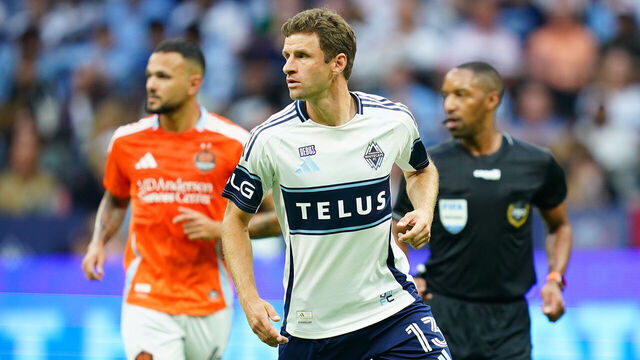VANCOUVER, BRITISH COLUMBIA - AUGUST 17: Thomas Müller #13 of the Vancouver Whitecaps FC gestures during the MLS match between Vancouver Whitecaps FC and Houston Dynamo FC at BC Place on August 17, 2025 in Vancouver, British Columbia.