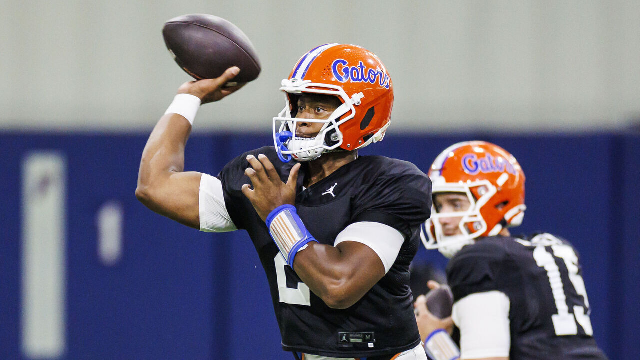 GAINESVILLE, FLORIDA - AUGUST 07: DJ Lagway #2 of the Florida Gators throws a pass during training camp at the University of Florida indoor practice facility on August 07, 2025 in Gainesville, Florida.