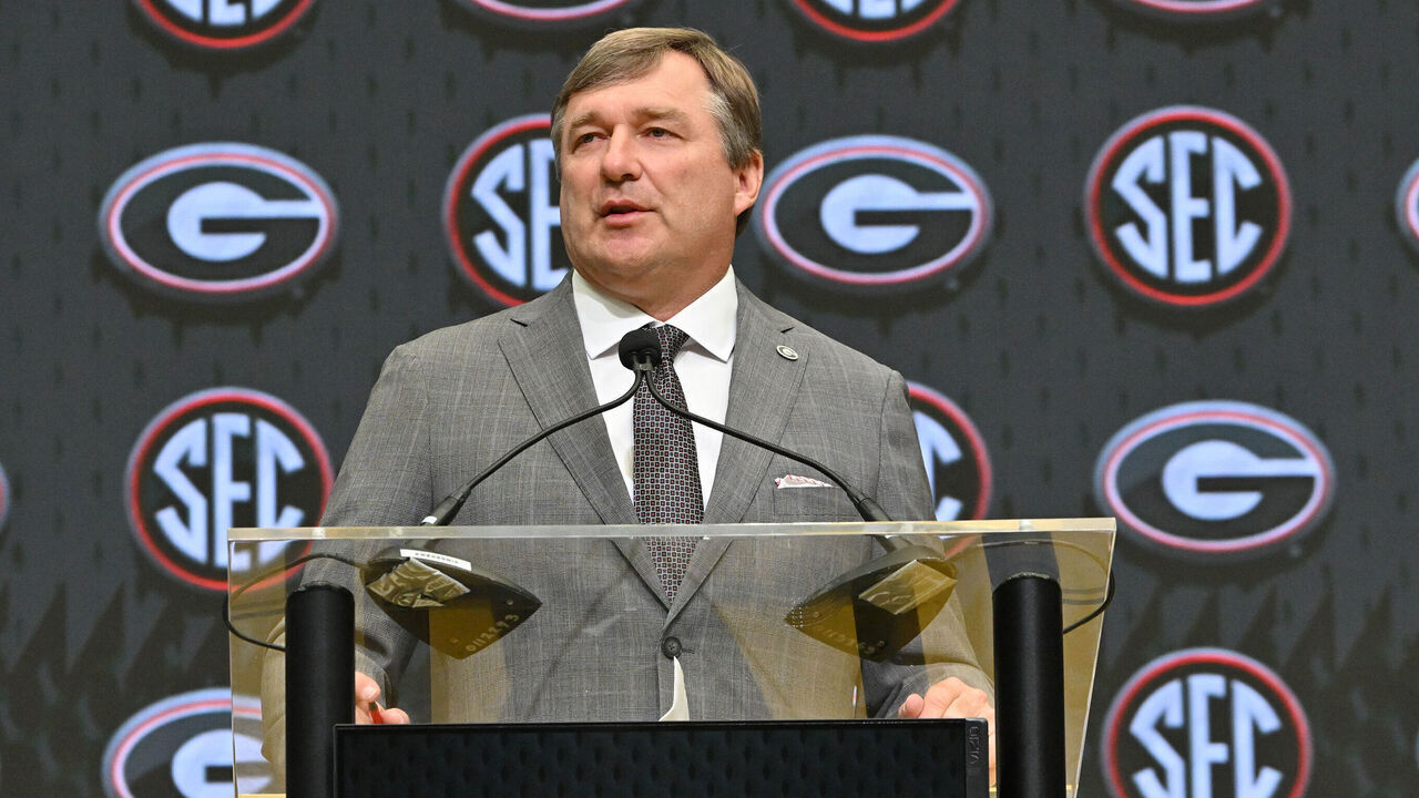 ATLANTA, GA - JULY 15: Georgia Bulldogs head coach Kirby Smart addresses the media during SEC Football Media Days on July 15, 2025, at the College Football Hall of Fame in Atlanta, GA.